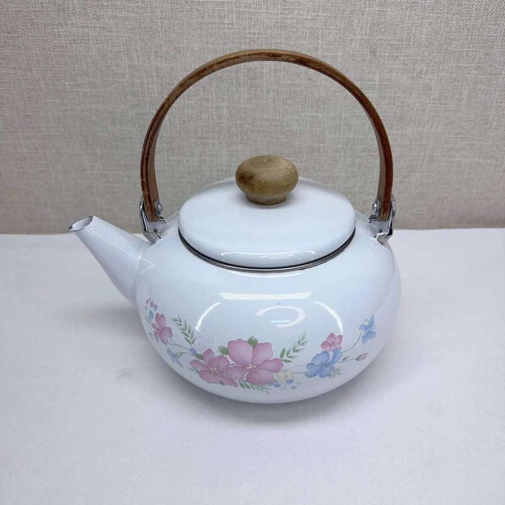 Lincoware Hana Collection Enamel Tea Kettle Floral Wood Handle Vintage 1987